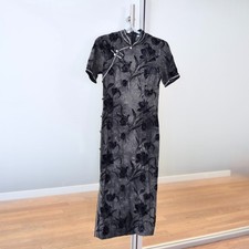 Black Gray Flocked Flower Qipao Dress - Chinese Cheongsam