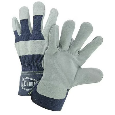 Pip Leather Palm Gloves, Cowhide, Safety Cuff, Wing Thumb, Full Finger, Blue, L,
