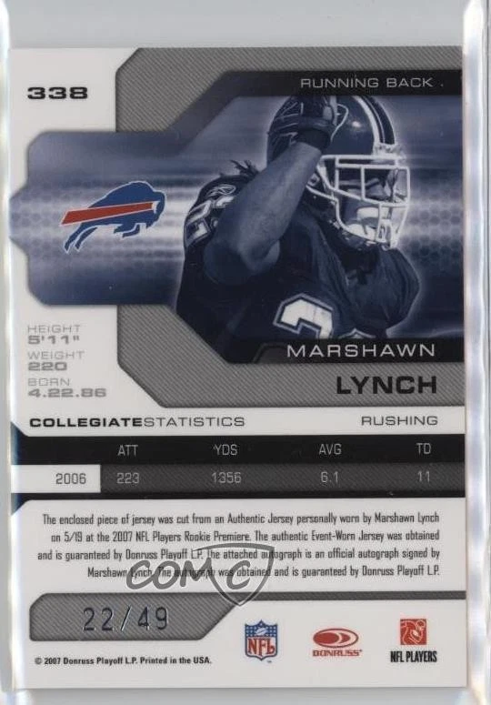 2007 Leaf Limited Phenoms Spotlight Silver /49 Marshawn Lynch #338 Rookie RC - Image 2 of 2