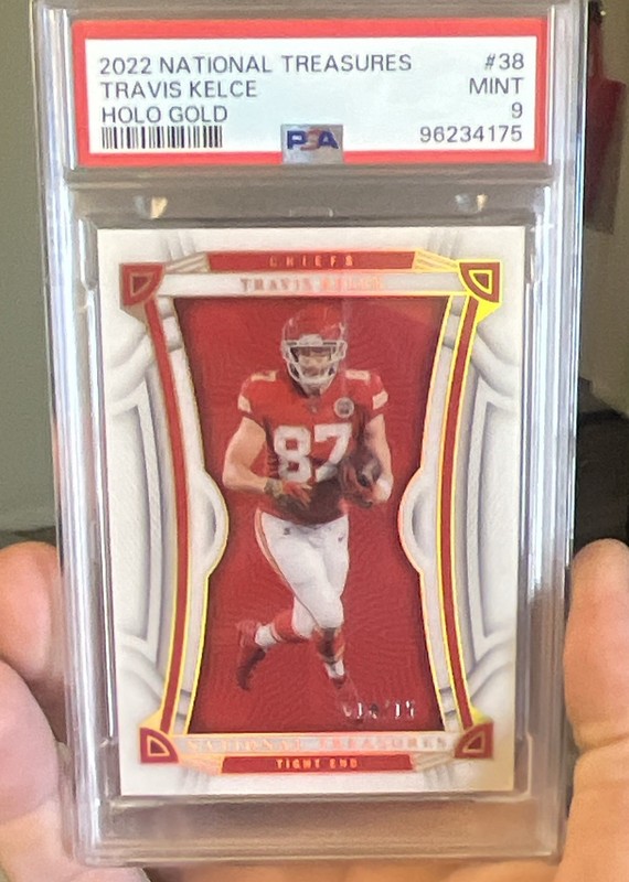 Panini 2022 National Treasures Travis Kelce /15 Holo Gold #38 Chiefs PSA 9