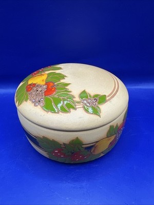 Beautiful Malaysian Pottery Lidded Trinket Box Strawberry Fruit Theme 4.5  W