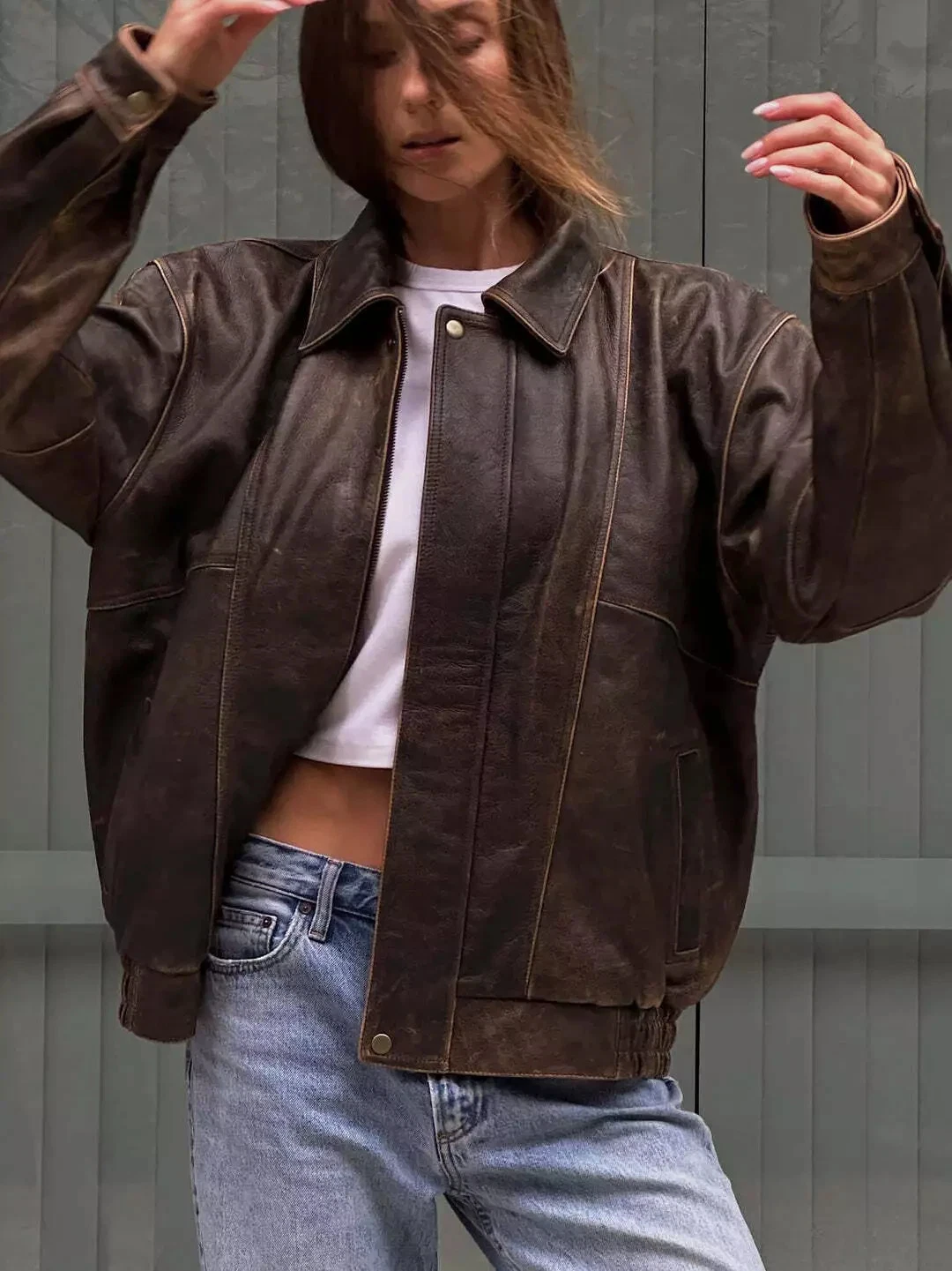 Oversized Women's Distressed Vintage Brown Genuine Leather Crackled Soft Jacket