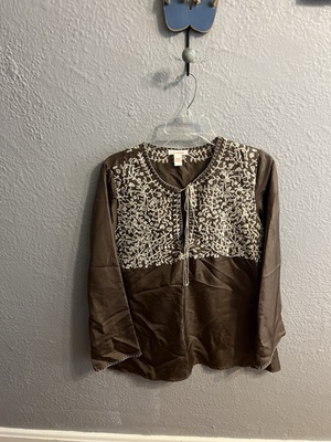 #ad #ad Sundance Silk Boho Top Womens Embroidered Size Medium Peasant Blouse Brown Ivory $25.55