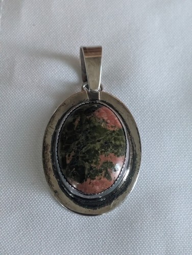 Vintage Signed KP Sterling Silver Bezel Set Unakite Cabochon Pendant