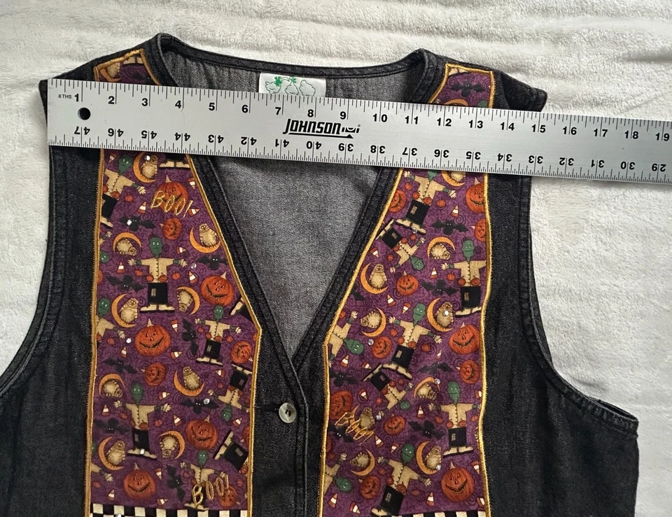 Quacker Factory Womens Black Halloween Trick or Treat Jean Vest Jacket Patchwork - Image 4 of 4