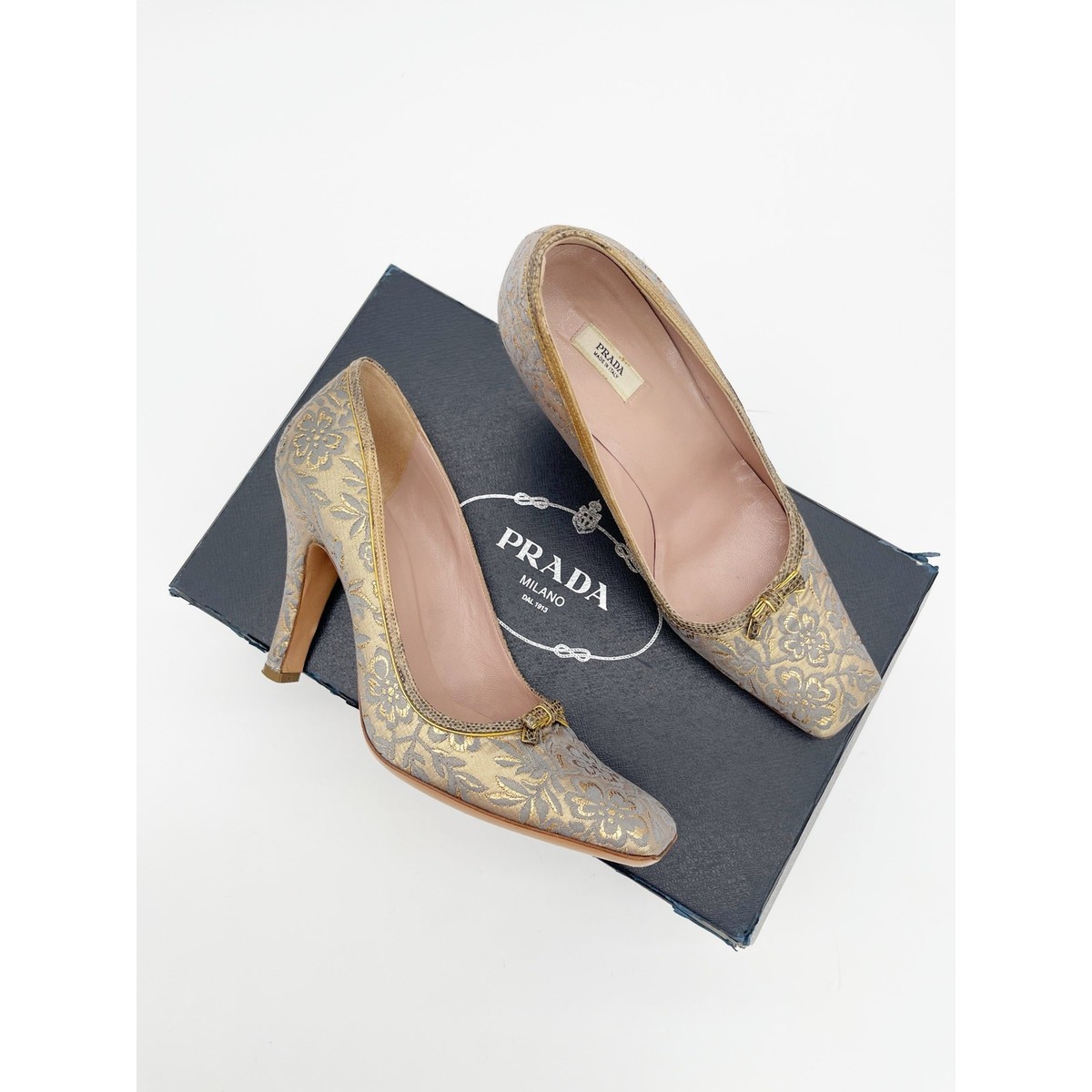 Prada Vintage Retro Gold Floral Brocade Snakeskin Bow Square Toe