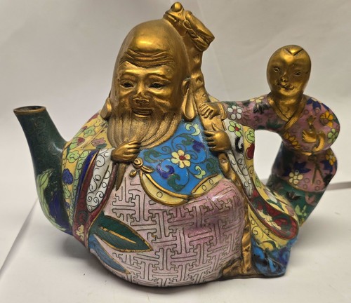 Vintage Longevity God Shou Lau, Boy Chinese Brass Cloisonné Teapot 5" H x 7.5” L