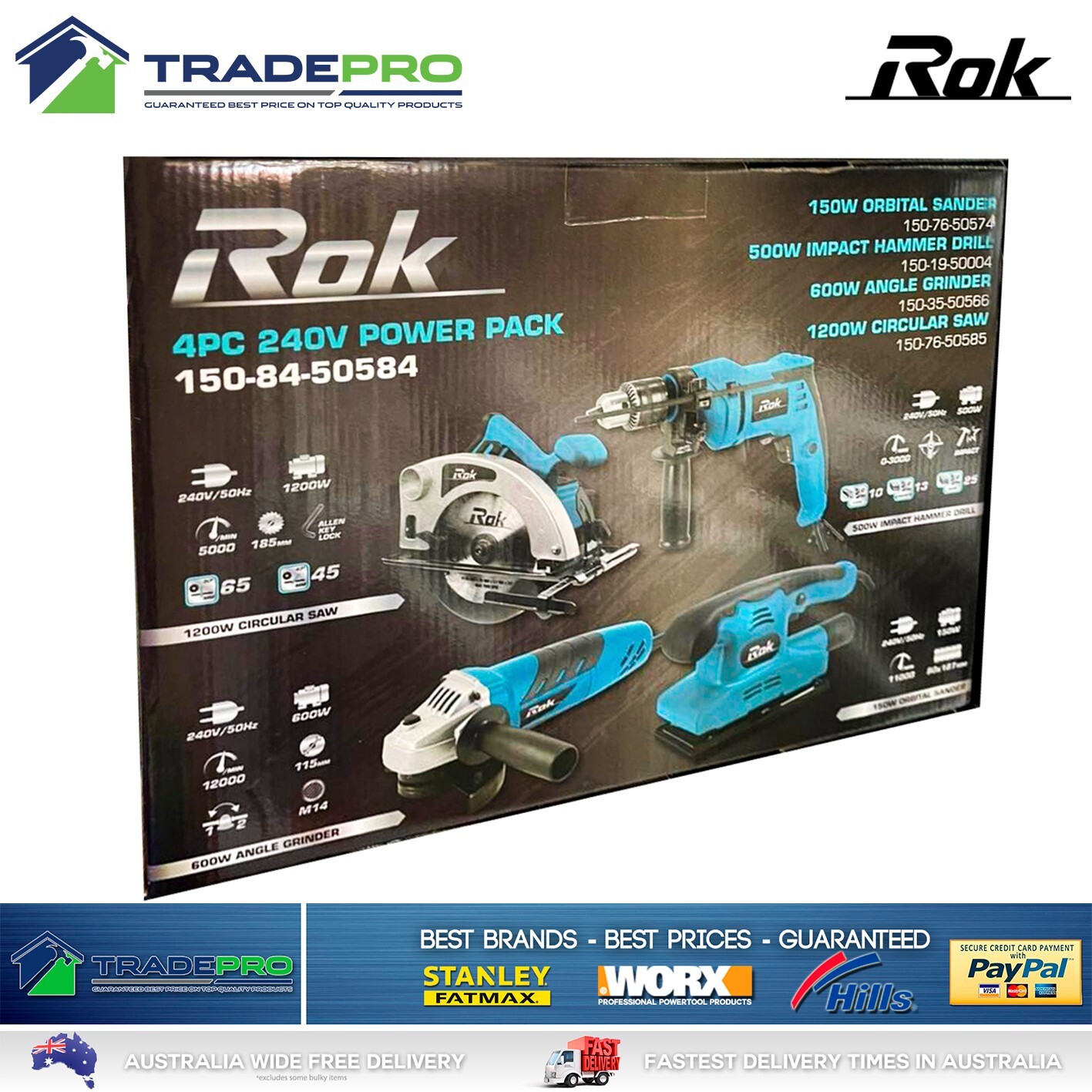 Rok Combo Kit Angle Grinder Circular Saw Electric Drill Sander Set 240V