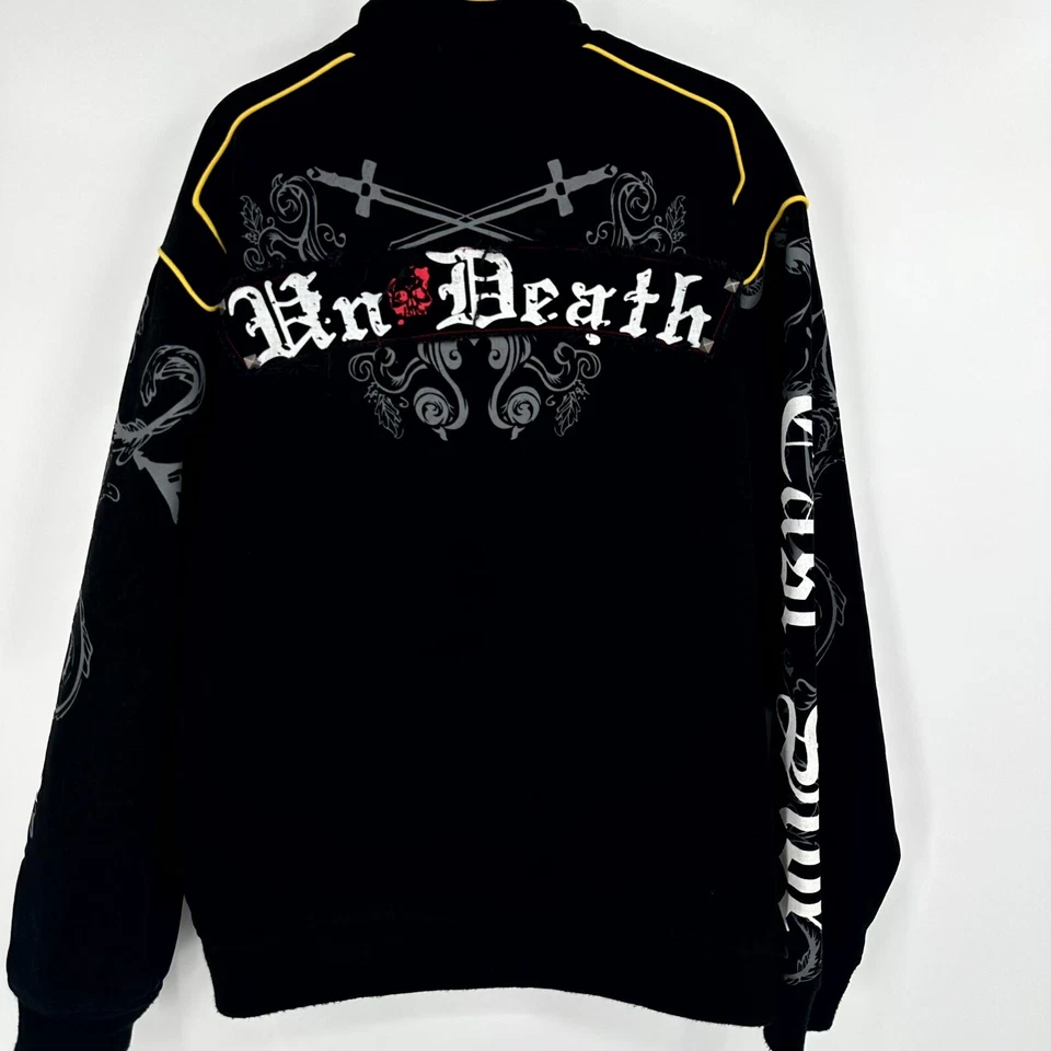 Chaqueta de Bombardero Azul Crudo Hombres XL Multi Espada y Calavera Gráfico Hip Hop Y2K Frente a Presión Foto 2 de 4