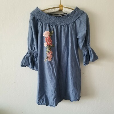 Mlle Gabrielle Women's Off-Shoulder Tunic Top Large Embroidered Floral Blue