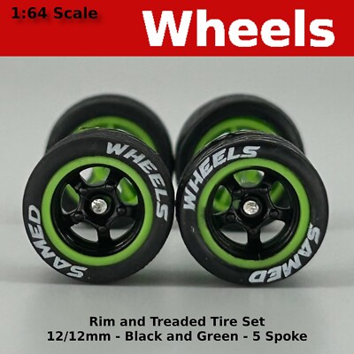 Black and Green 12mm Lettered 5 spoke wheels - 12/12mm for Hot Wheels