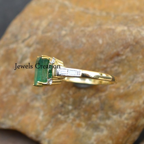 Solid 14k Yellow Gold Emerald Gemstone Ring Pave Diamond Jewelry Gifts for Her - Picture 4 of 5