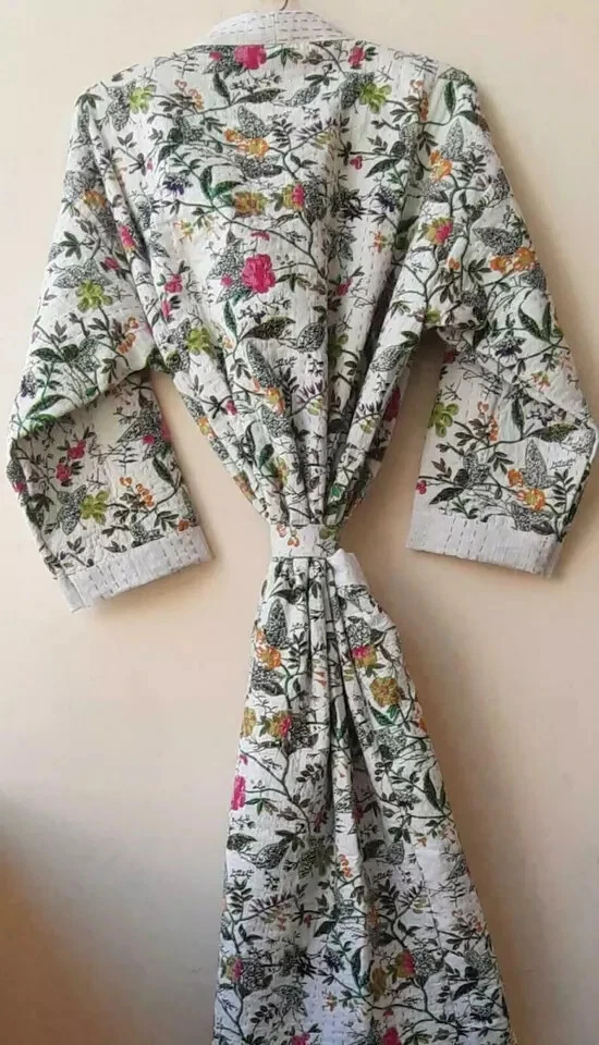 Indian Handmade Kantha Quilt Kimono Robe Floral Print Cotton Winter Gown Dresses - Image 3 of 3