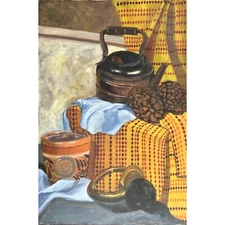 Vintage Expressionist Still Life with Kettle and Pinecones, Oil On Canvas