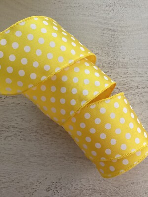 5 yds. YELLOW & WHITE POLKA DOT WIRE RIBBON 2 1/2'' Wide