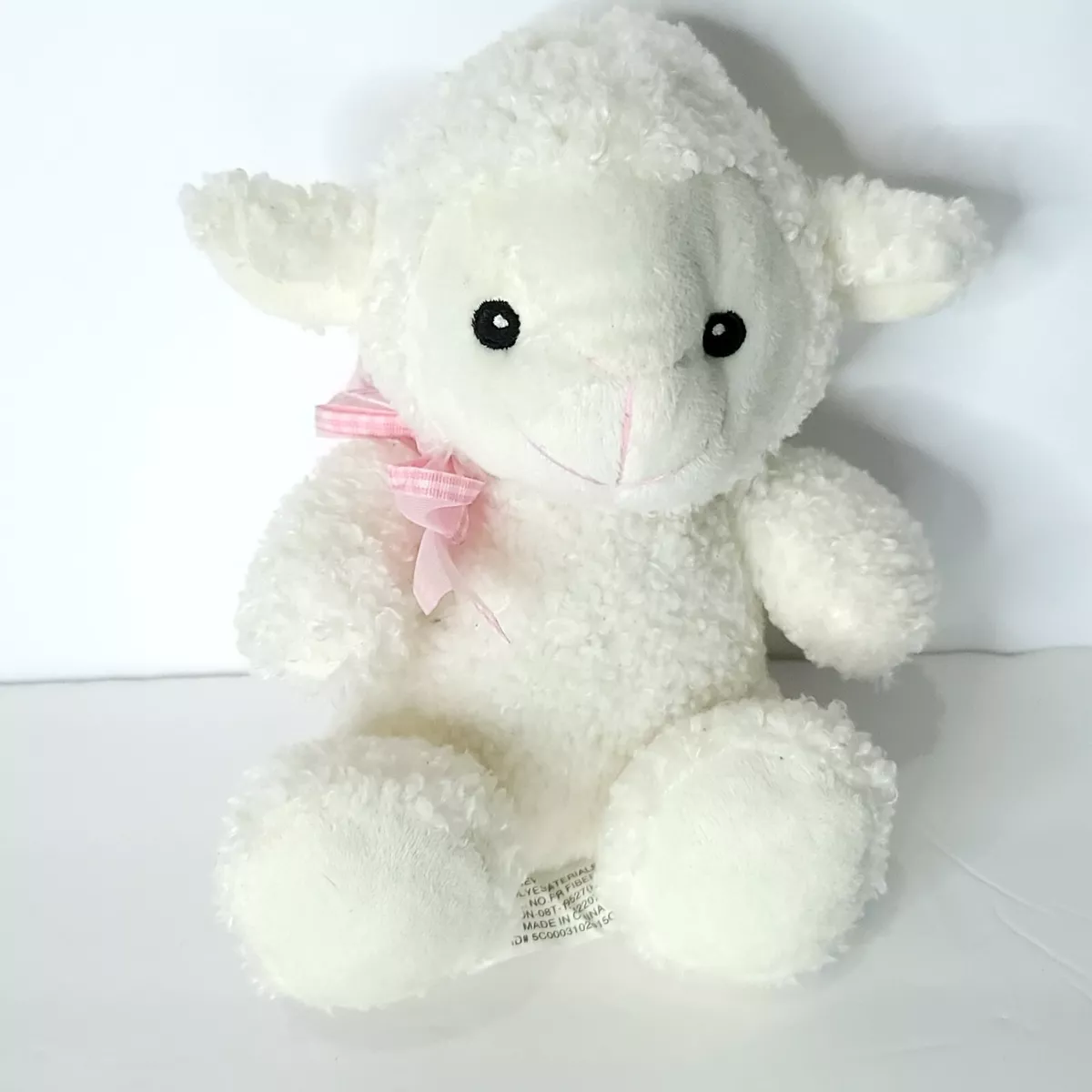 Plush Lamb Stuffed Animal 8 Sheep Cream & Pink Checkered Bow Easter Soft