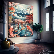 Large Japanese Wall Art Cherry Blossom Tree Koi Fish Mount Fuji Painting Prints