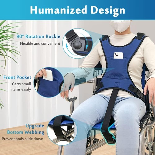 Blue Wheelchair Safety Seat Belt Harness For Elderly Adults With Pocket - Picture 3 of 7