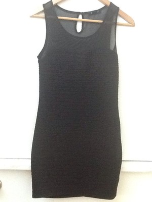 mesh top dress forever 21 Forever 21 Black Sheer Mesh Yoke Black Striped Sleeveless Bodycon Dress S  Small