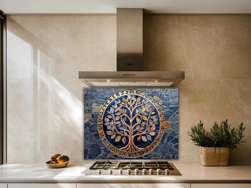 Panel de arte de cocina endurecido circular Tree of Life Glass Splashback, azul y dorado Foto 4 de 4