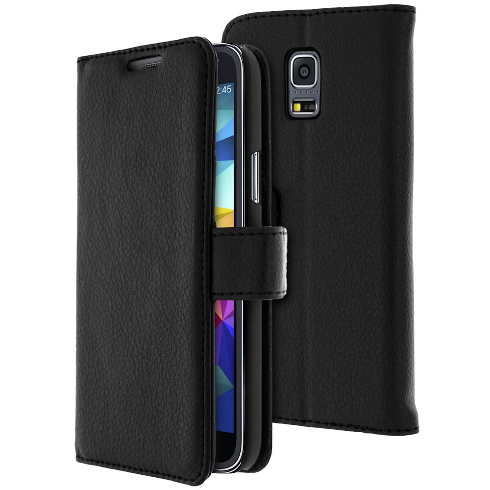 Coque Galaxy S5 Mini Avizar à rabat noir en éco-cuir avec support