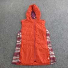 Smartwool Vest Womens Medium Orange Hooded Quilted Wool Lined Stripe Sides