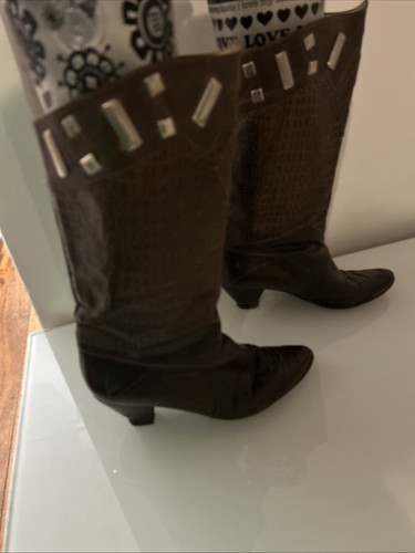6 37 Vintage Brown Leather Boots 80's ALAN PINKUS mid Calf Cowboy Mid Heel - Picture 4 of 9