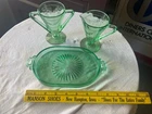 Vintage Green Depression Glass Cream & Sugar Set With Matching Tray,, Original