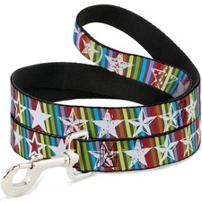 Dog Leash 6-FEET Stars w/Lines Gray/Multi Color/White WIDE 1.5"