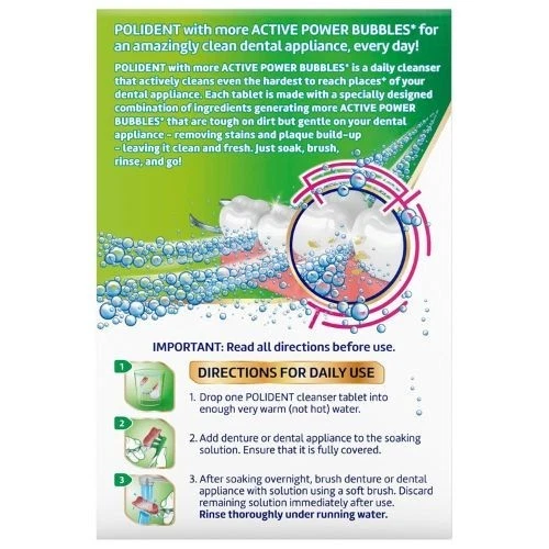 Tabletas limpiadoras dentales blanqueadoras durante la noche Polident 90 quilates (paquete de 2) antibacterianas Foto 3 de 4