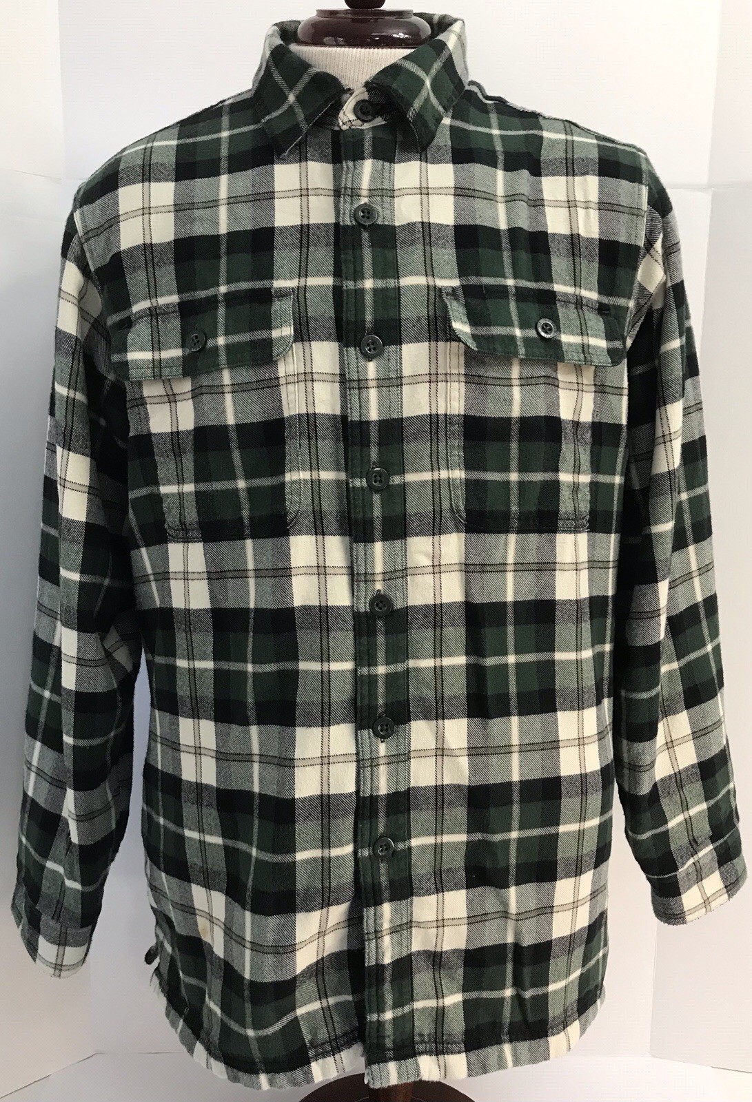 LL Bean Fleece Lined Green Plaid Flannel Button Shirt Mens MEDIUM *Read*
