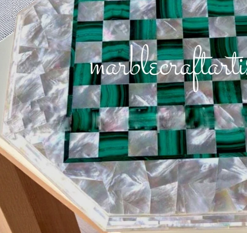 Mother of Pearl & Malachite Stone Chess Tabletop with Game Board & Birthday Gift - Image 2 of 4