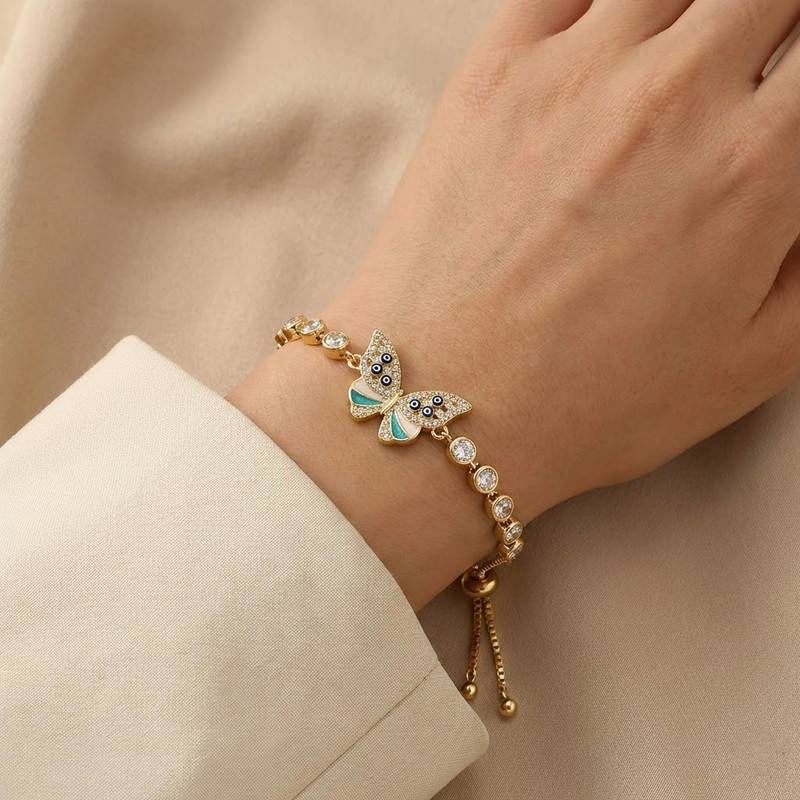 Gold-plated 925 Sterling Silver Butterfly Necklace, Turquoise Evil Eye Bracelet - Product main view