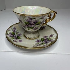 Vintage February Violet Footed Porcelain Teacup & Saucer iridescent lusterware 
