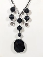 Gothic Victorian Style Black Bead Fringe Pendant Statement Neckalce 19 in