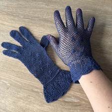Vintage Lace Crochet Gloves Blue Navy Cotton Dress Up Theatre Film Prop S/M