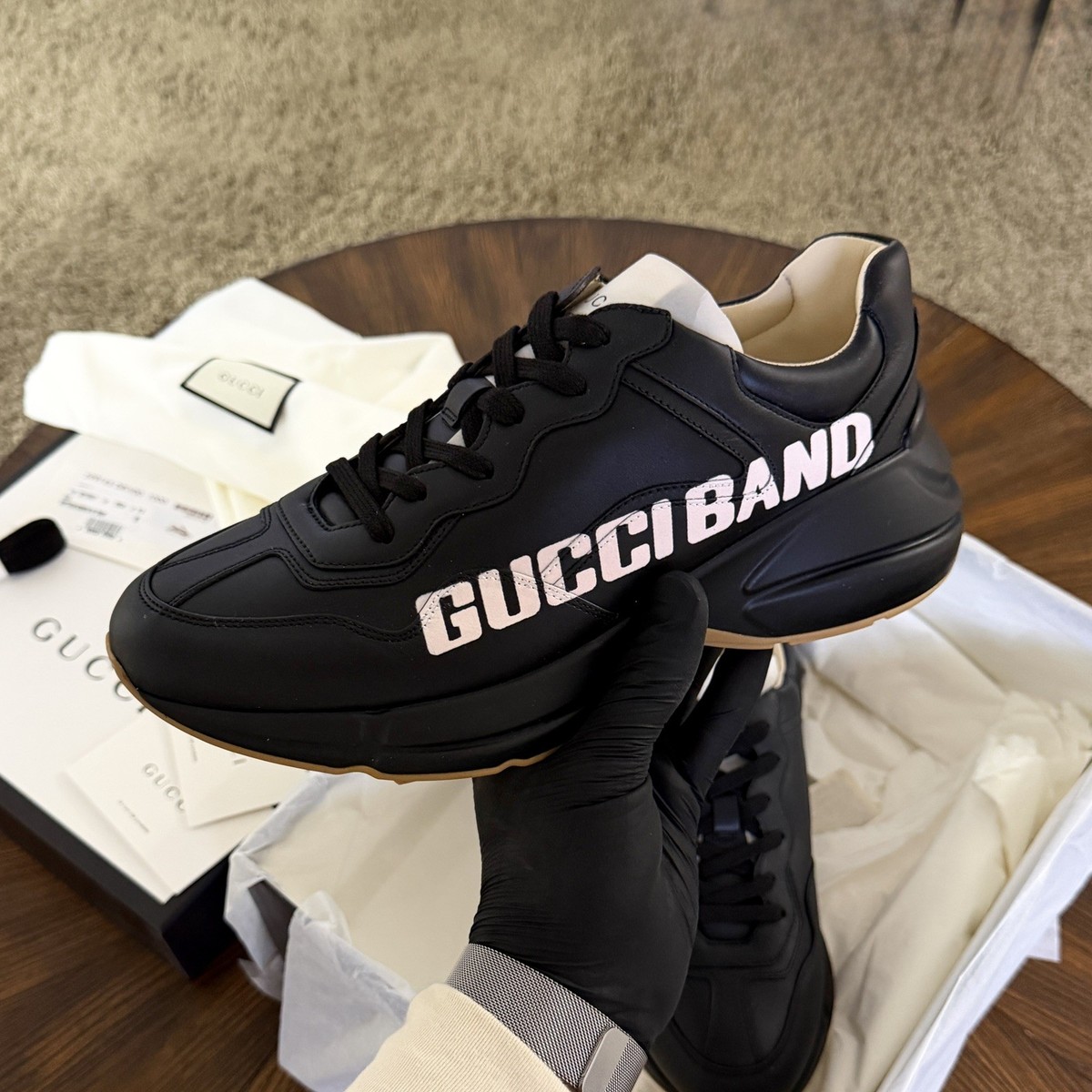 NEW GUCCI RHYTON LOGO LEATHER SNEAKER BLACK SIZE 8 | eBay