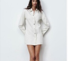 Zara White Denim Mini Dress Women Size Medium Snap Up Collared Cotton