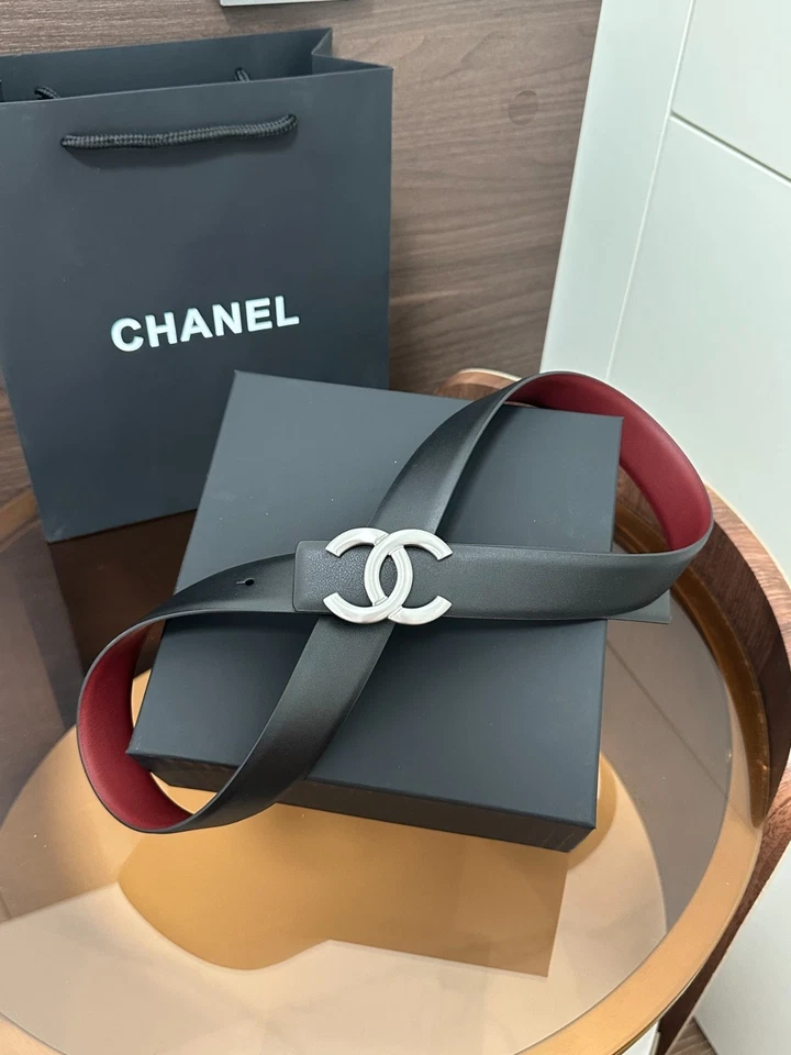 New CHANEL Belt Gold/Silver Logo Black/Red Reversible Calfskin Leather Belt 3.0C - Image 3 of 4