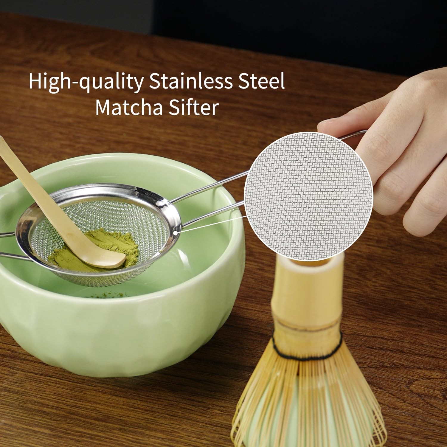 Matcha Whisk Set, 5 Pcs Matcha Kit with Ceramic Bowl (Chawan) with Spout, Green