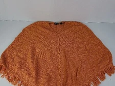 Jeanne Pierre Womens Shawl Poncho Orange Pullover with Fringe Size L