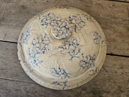 Primitive Antique Stoneware Large Handmade Blue Glazed Interior Crock Lid Cover - Picture 9 of 22