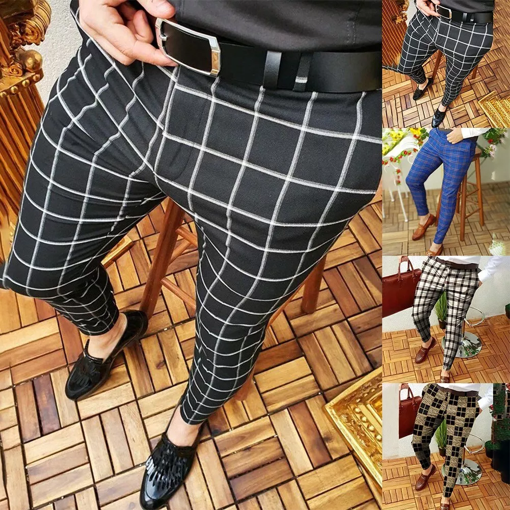 Men Slim Fit Plaid Printed Checkered Pants Stretch Casual Work Business  Trousers