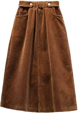 Women's Winter Corduroy Elastic Waist Ruffle A-Line Midi Long Skirt