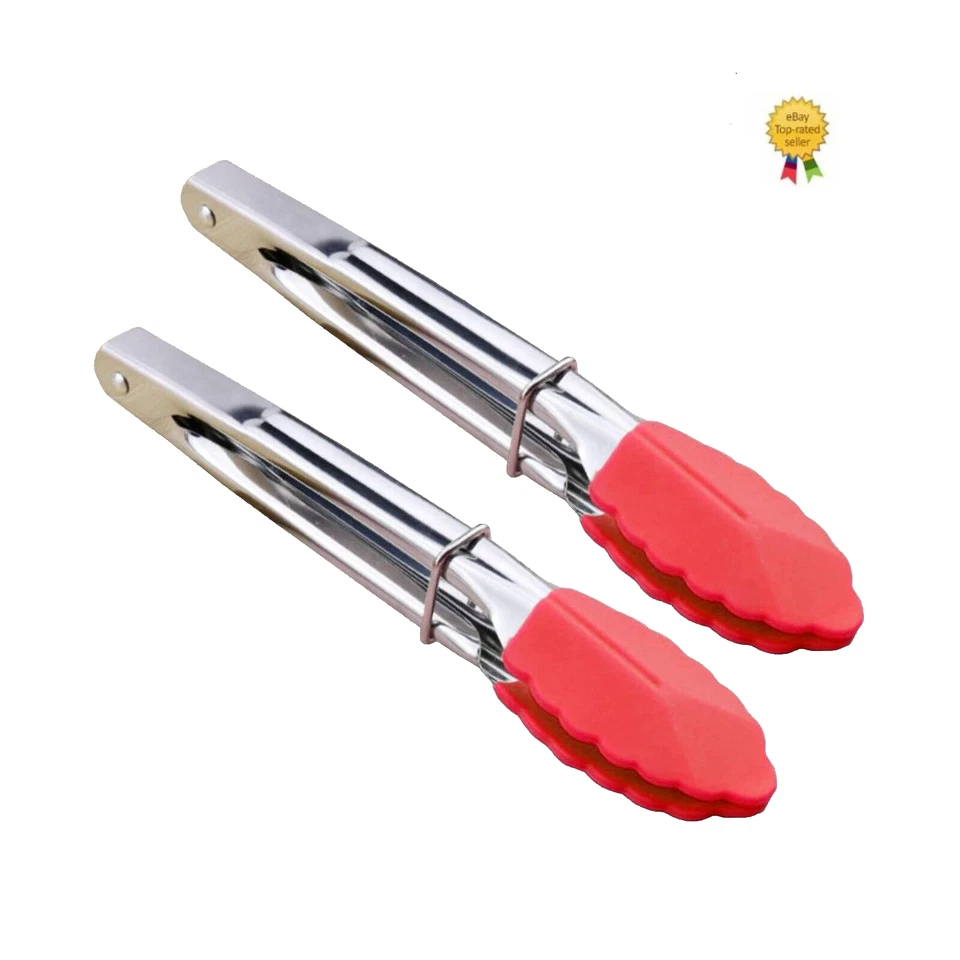 2 x SILICONE COOKING TONGS 7" INCH NON-STICK STAINLESS STEEL - Image 4 of 4