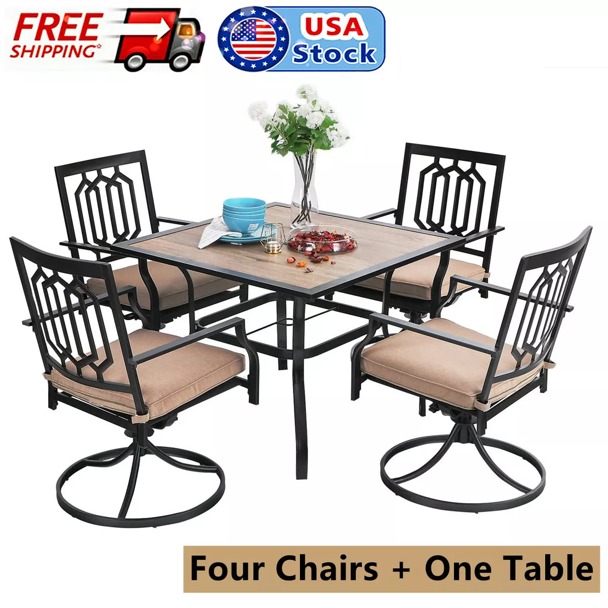 5 Piece Patio Dining Table Chairs Set Swivel Chairs With Cushion
