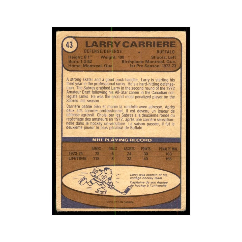 1974 O-Pee-Chee Larry Carriere (Damaged) Buffalo Sabres #43 - Image 2 of 3
