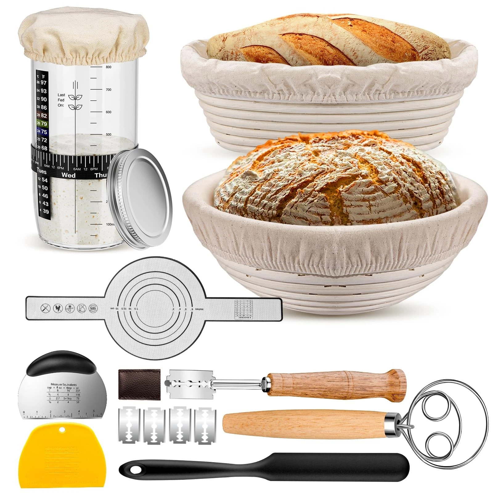 Sourdough Starter Kit with 2 Proofing Baskets, 36oz Sourdough Starter Jar, Br...