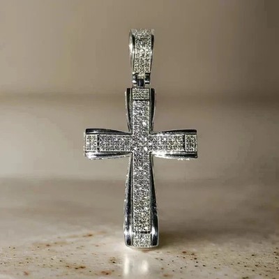 2Ct Real Moissanite Men's Cross Shape Pendant 1.5 inch 14K White Gold Plated 925