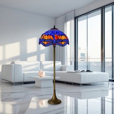 Tiffany Floor Lamp with Dragonfly Design Stained Glass Shade – 16″ Vintage Style